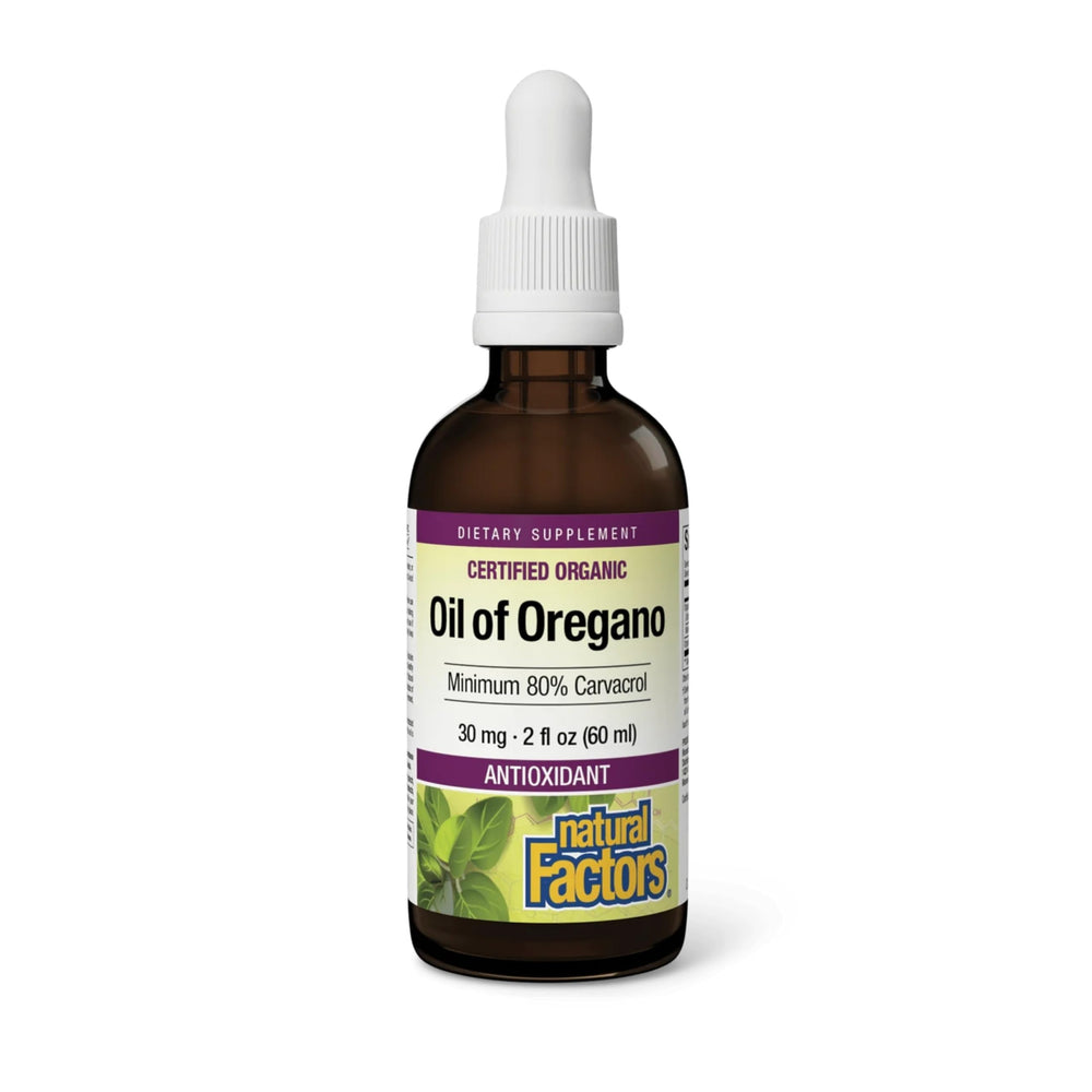 Natural Factors Oil of Oregano liquid supplement bottle showing oregano oil
