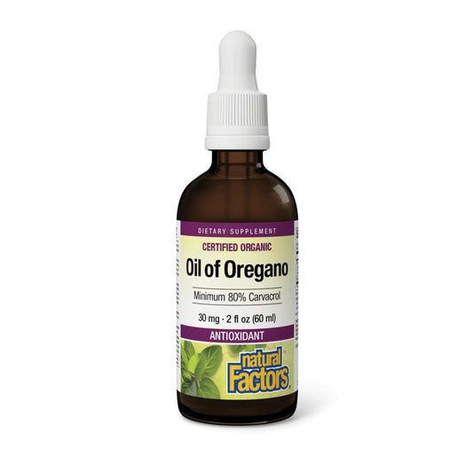 Natural Factors Oil of Oregano liquid supplement bottle showing oregano oil