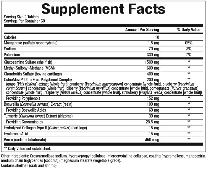 OsteoMove Joint Care bottle back label with ingredients