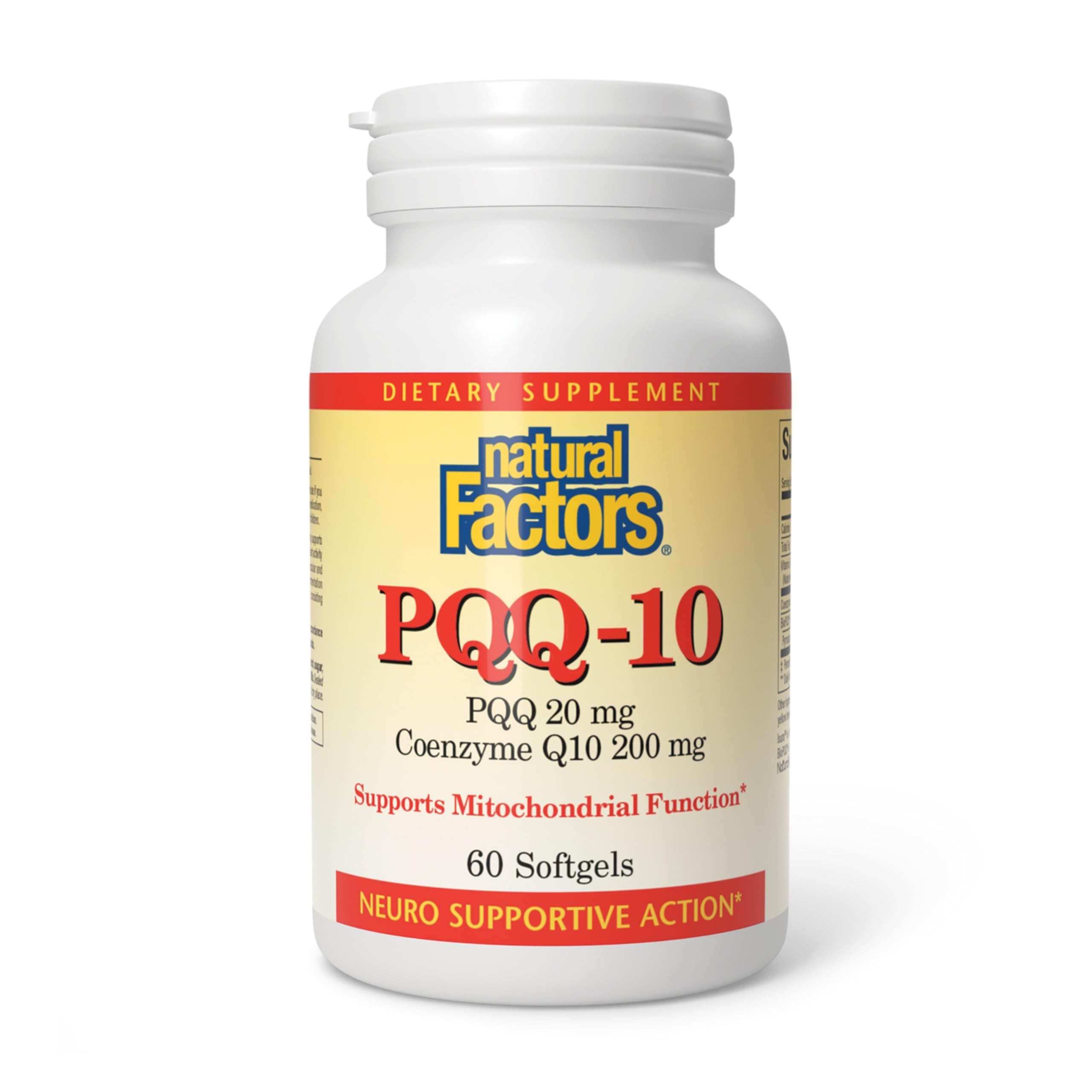 Bottle of Natural Factors PQQ-10 with CoQ10 softgels, 60-count