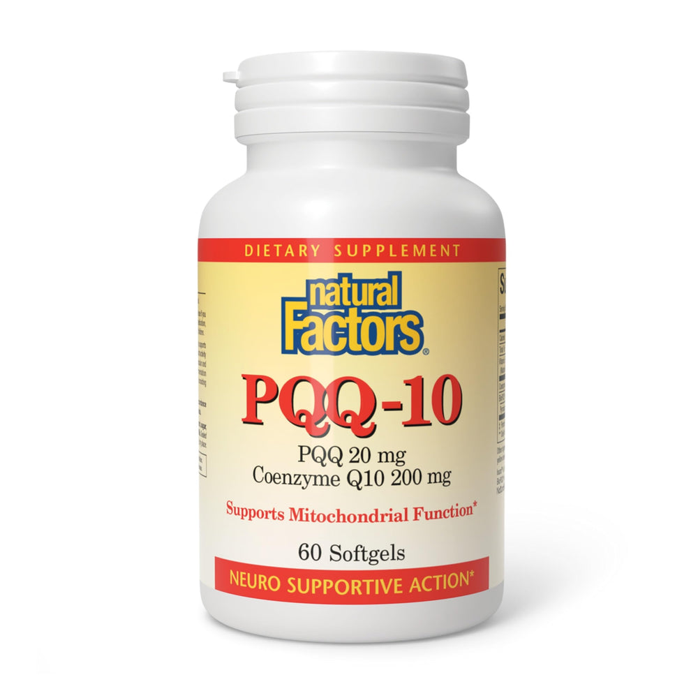Bottle of Natural Factors PQQ-10 with CoQ10 softgels, 60-count