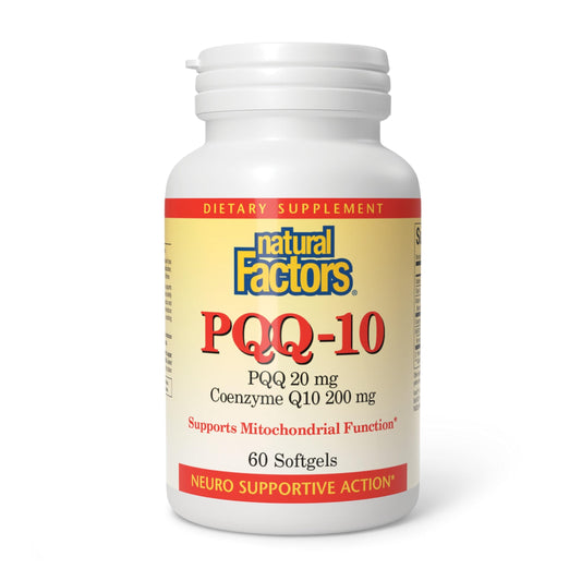 Bottle of Natural Factors PQQ-10 with CoQ10 softgels, 60-count