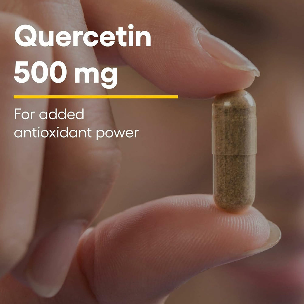 Quercetin capsules arranged on a white background