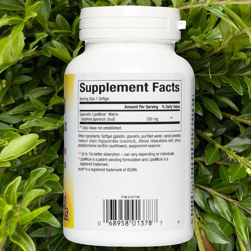 Close-up of Quercetin LipoMicel Matrix softgels in bottle