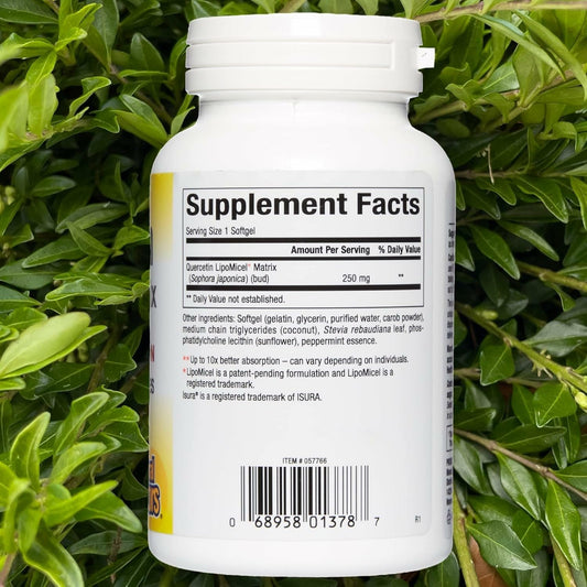 Close-up of Quercetin LipoMicel Matrix softgels in bottle