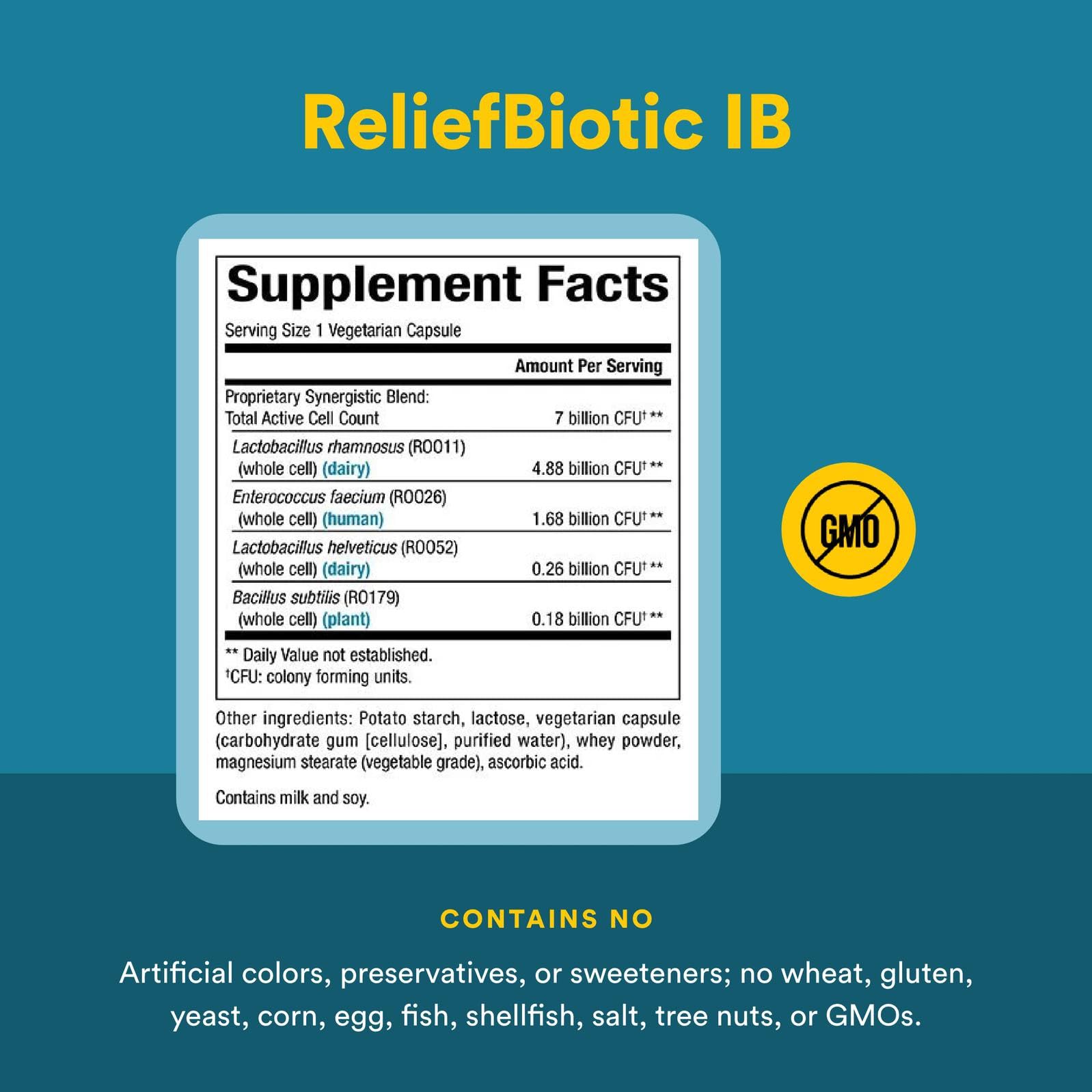 Nutrition facts panel for ReliefBiotic Probiotic 30 CT