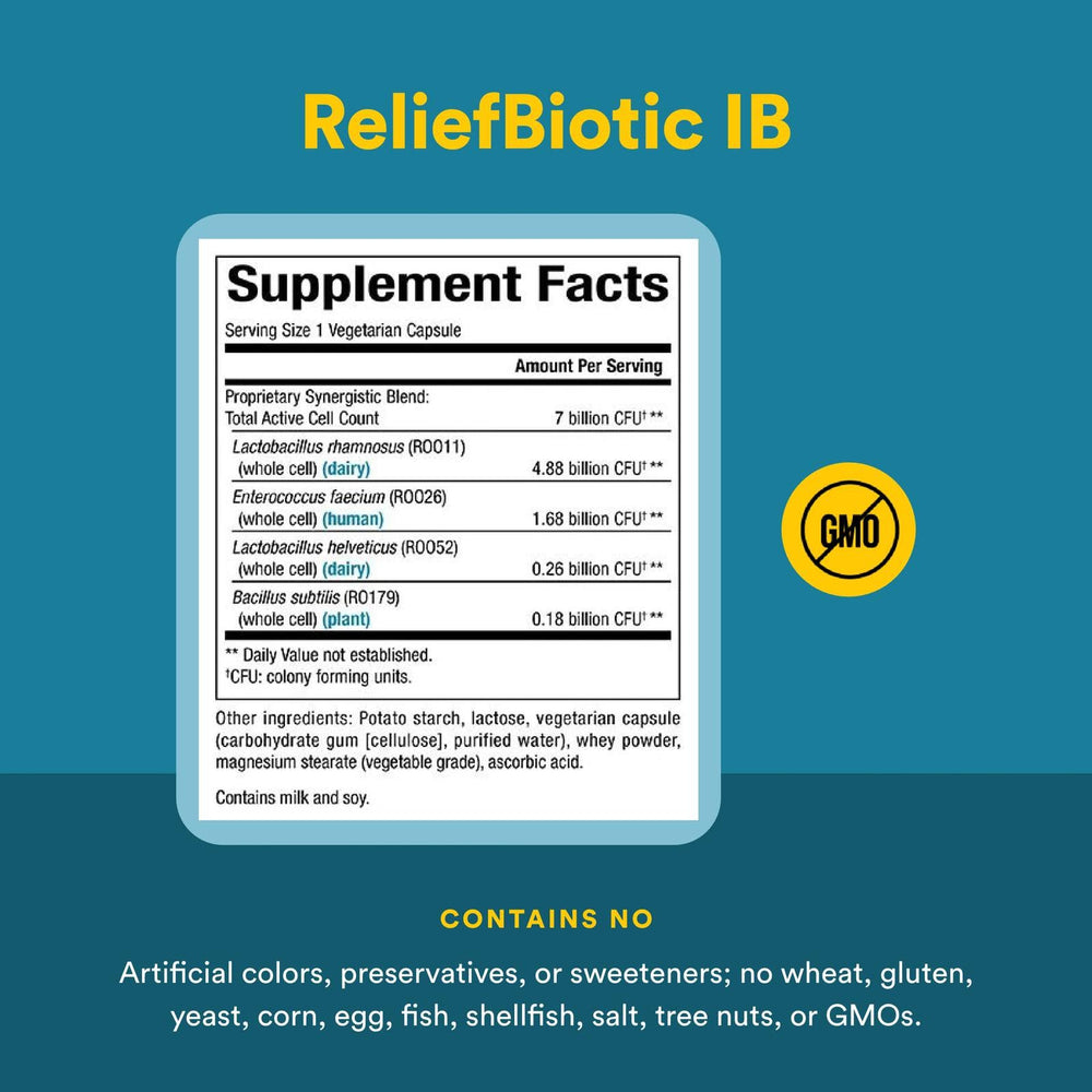 Nutrition facts panel for ReliefBiotic Probiotic 30 CT