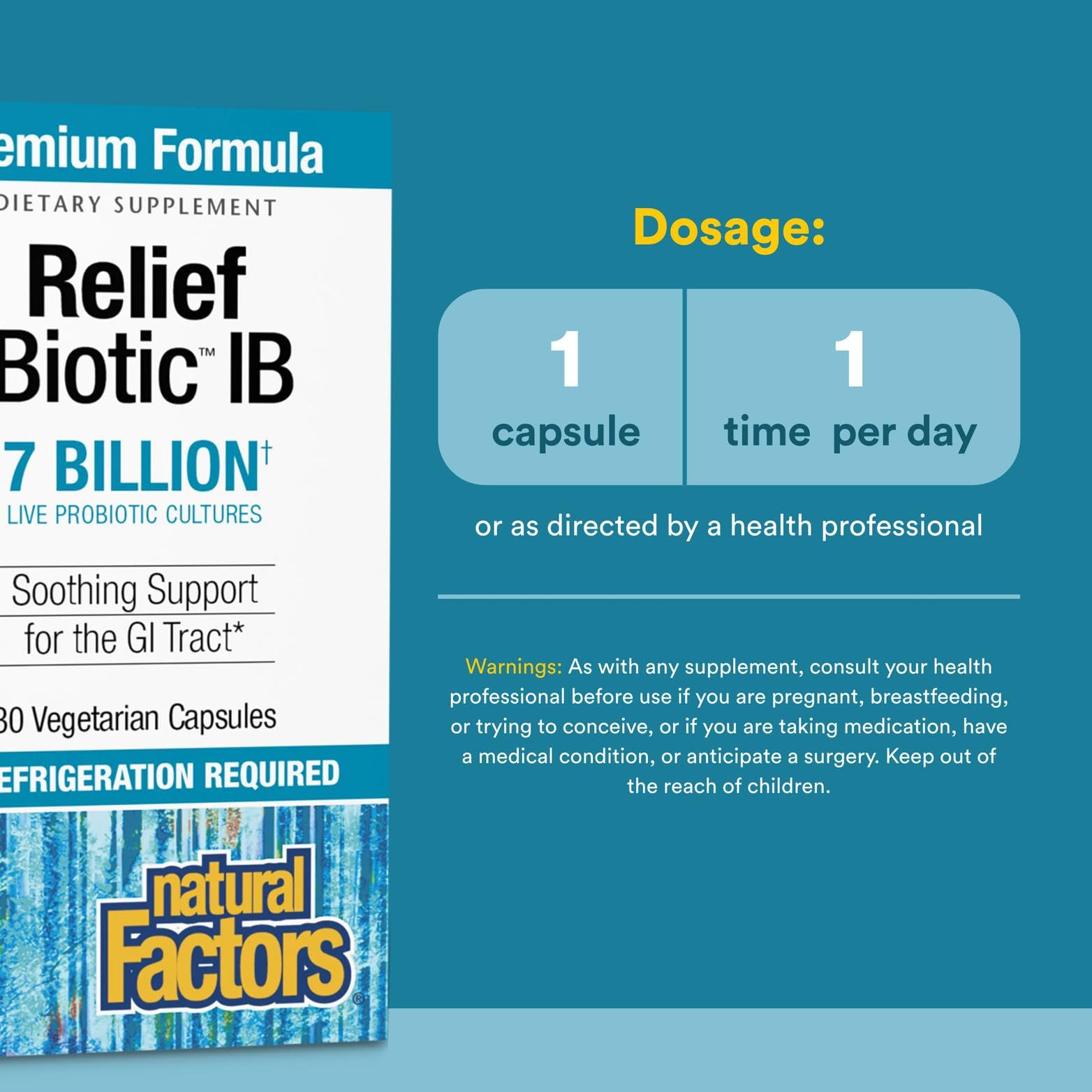 Side view of ReliefBiotic Probiotic bottle