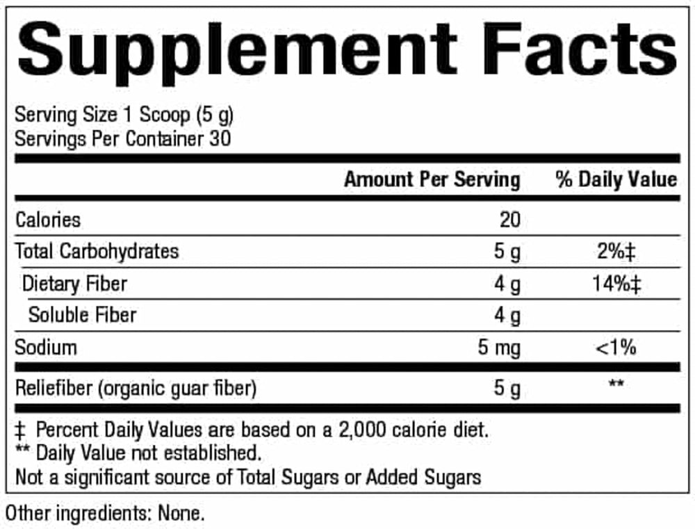 Back label of Reliefiber 150 g showing ingredients and directions