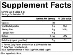 Back label of Reliefiber 150 g showing ingredients and directions