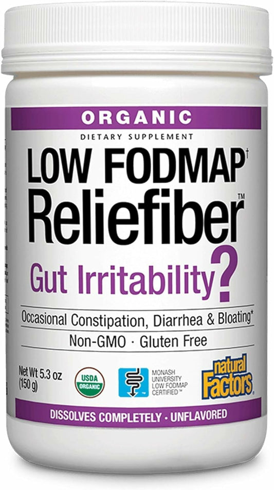 Front view of Natural Factors Reliefiber 150 g unflavored powder container