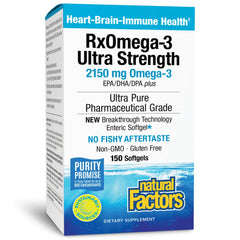 Natural Factors RxOmega-3 softgels close-up highlights smooth capsules and purity