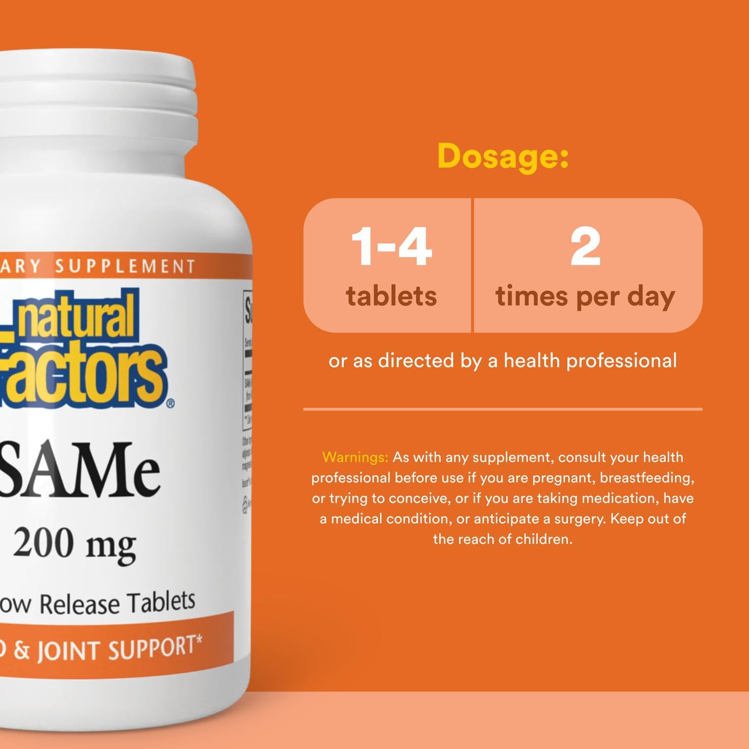 SAMe 200mg product label featuring mood and joint support messaging