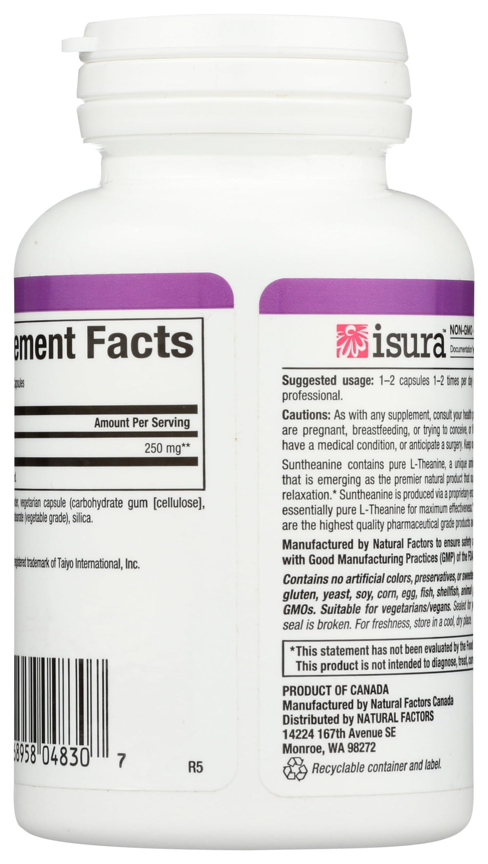 Bottle side label showing 125 mg L-Theanine and 60 capsules
