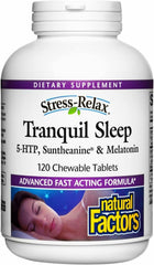 Natural Factors Tranquil Sleep chewable tablets bottle on nightstand for calming bedtime routine