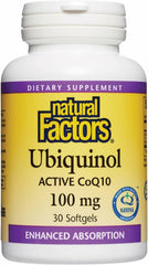 Front view of Natural Factors Ubiquinol 100 mg softgels bottle