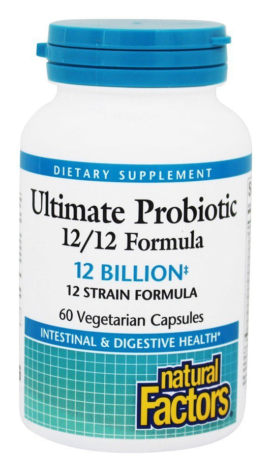 Natural Factors Ultimate Probiotic 12/12 formula bottle with 60 vegetarian capsules