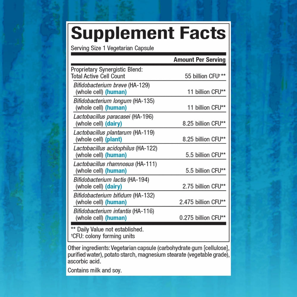 Graphic illustrating nine acid-resistant probiotic strains for gut health
