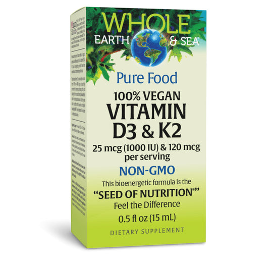 Bottle of Natural Factors Whole Earth & Sea vegan Vitamin D3 & K2, 60 vegetarian capsules