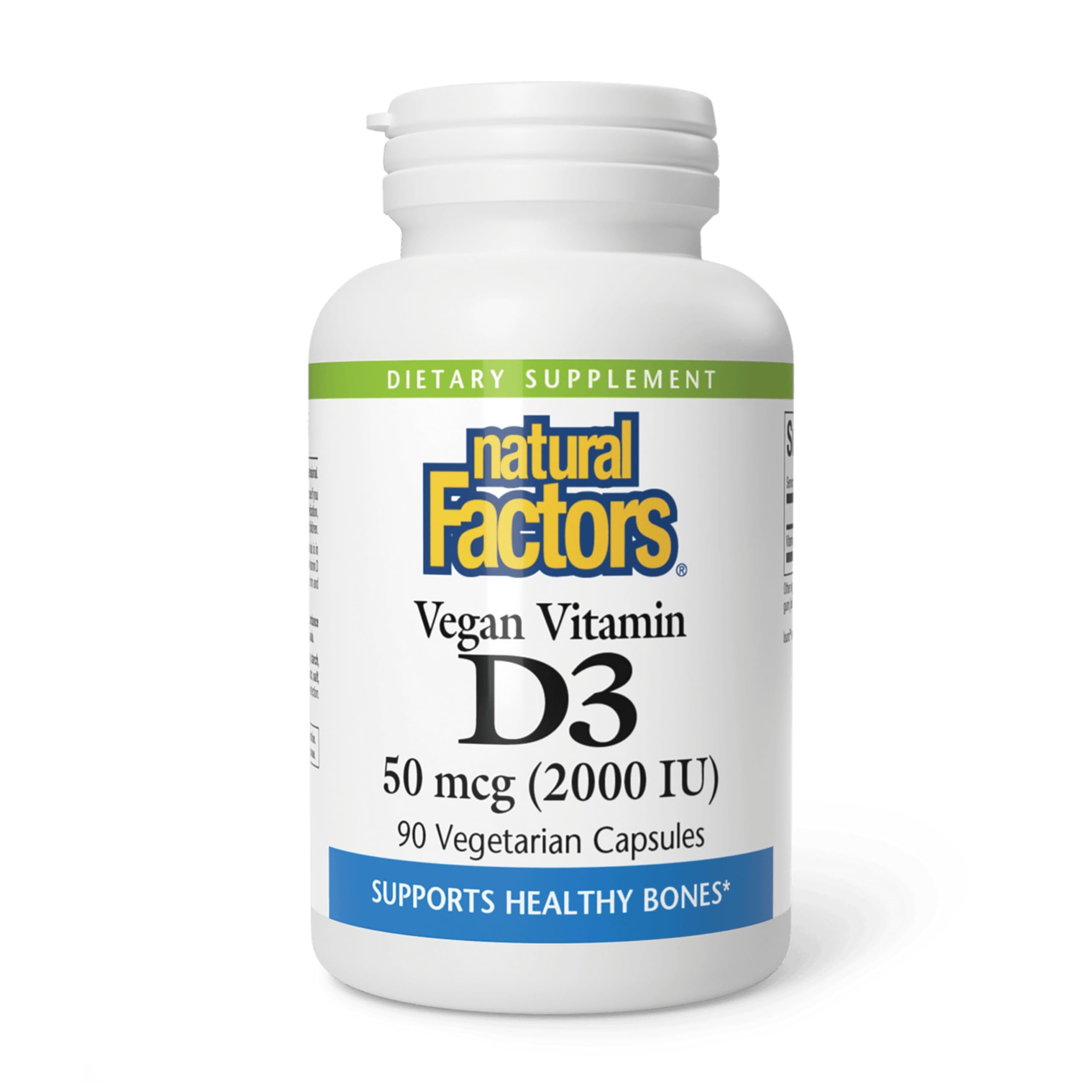 Bottle of Natural Factors Vegan Vitamin D3 2000 IU, 90 capsules