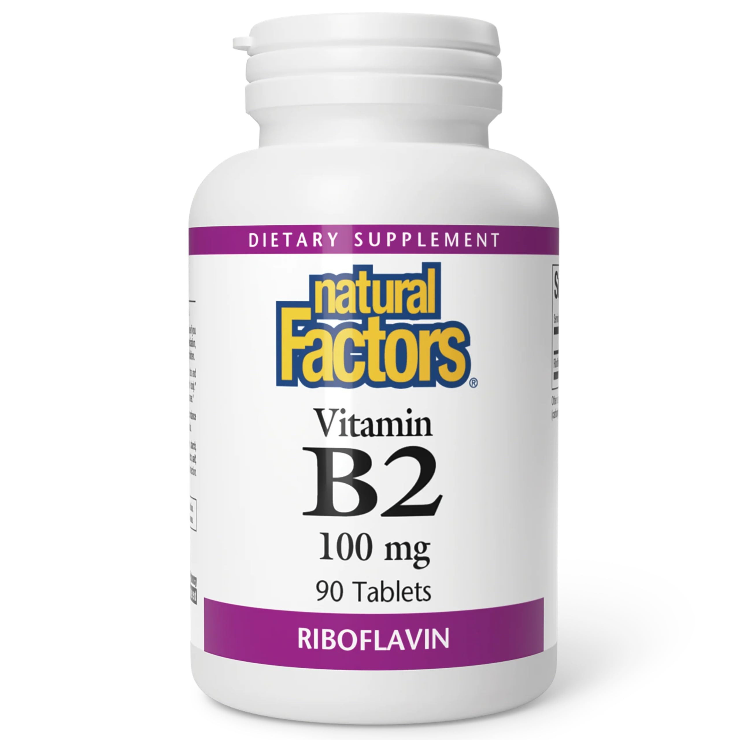 Bottle of Natural Factors Vitamin B2 Riboflavin 100mg, 90 tablets with label