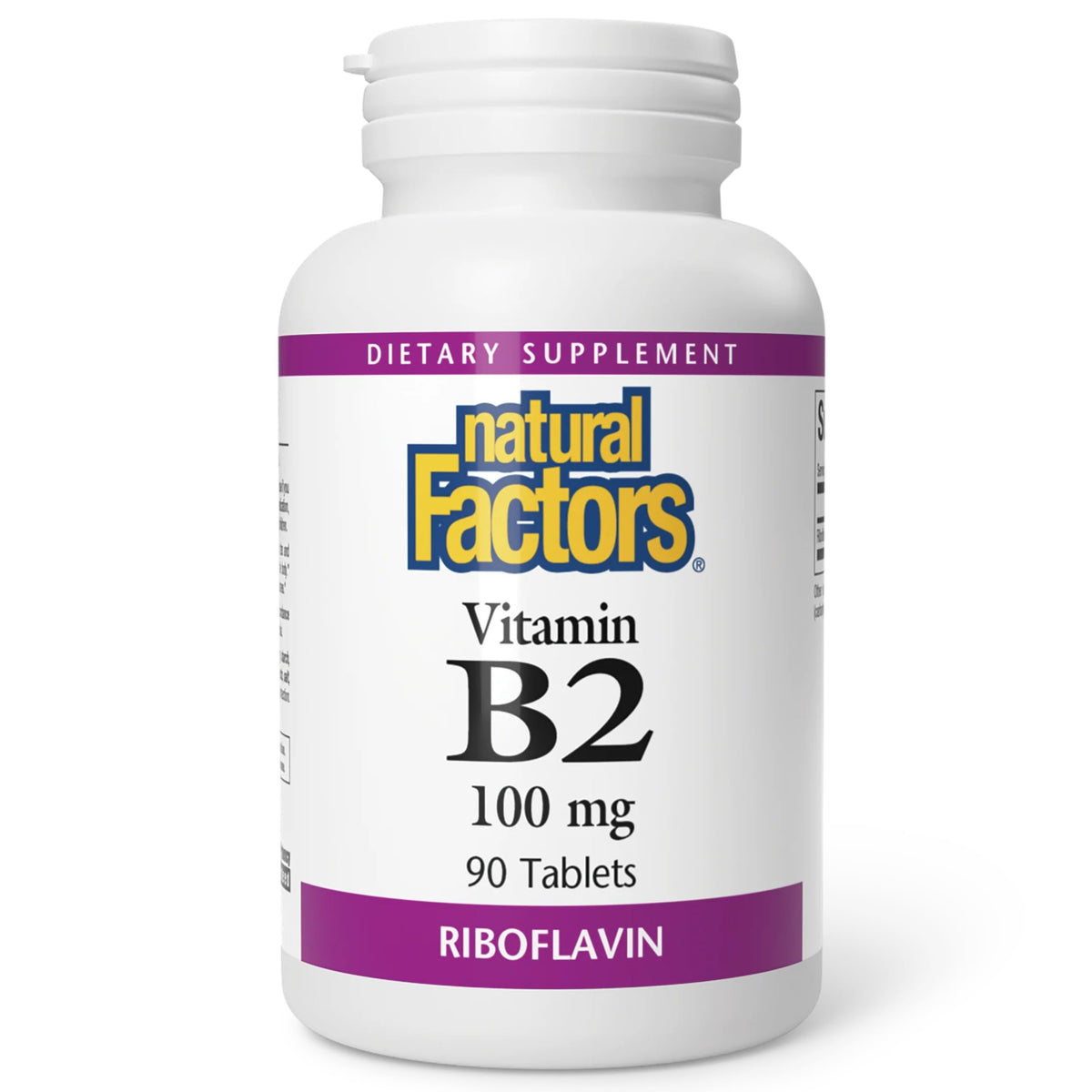 Bottle of Natural Factors Vitamin B2 Riboflavin 100mg, 90 tablets with label