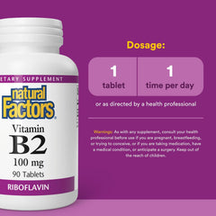 90-tablet bottle of Natural Factors Vitamin B2 Riboflavin 100mg