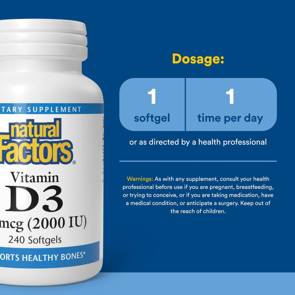 Vitamin D3 2000 IU bottle open with soft gels visible