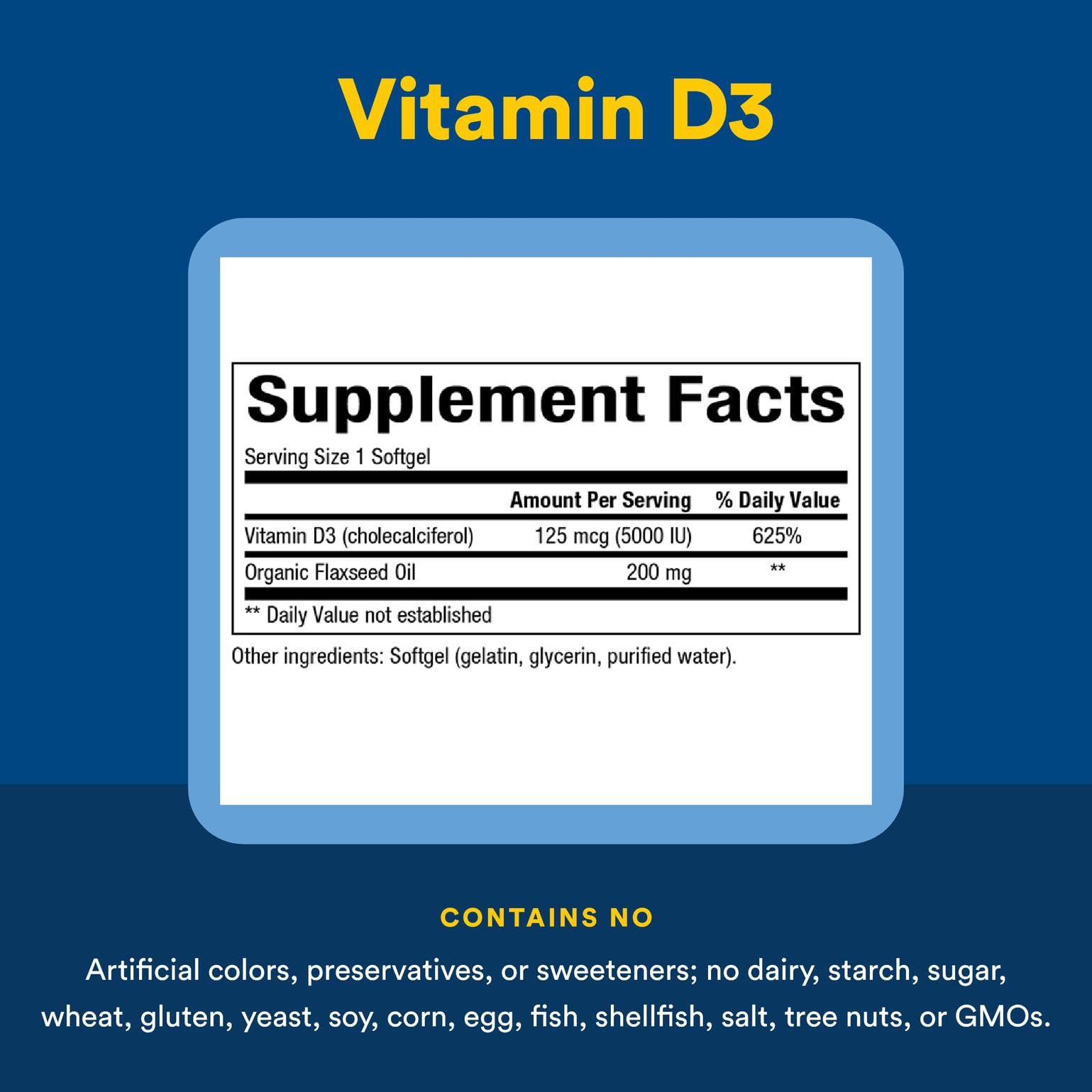 Front view of Vitamin D3 bottle and packaging