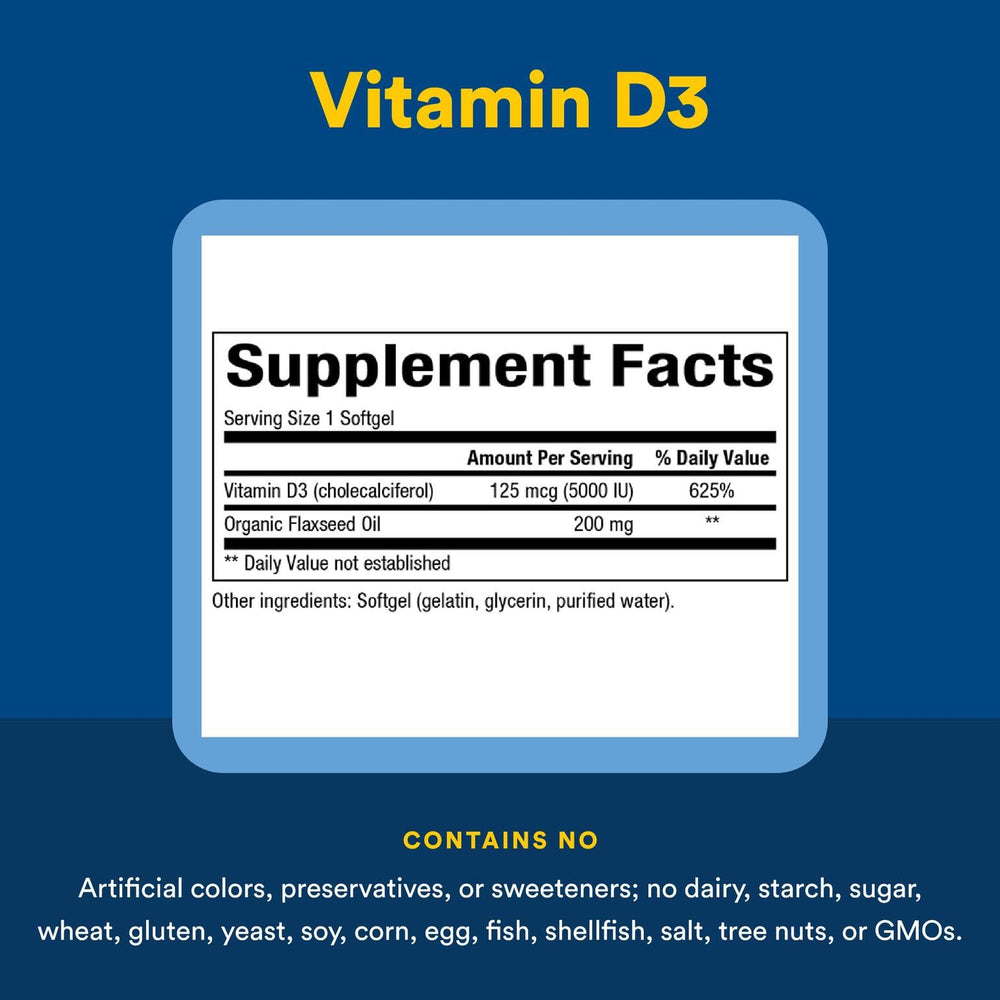 Front view of Vitamin D3 bottle and packaging