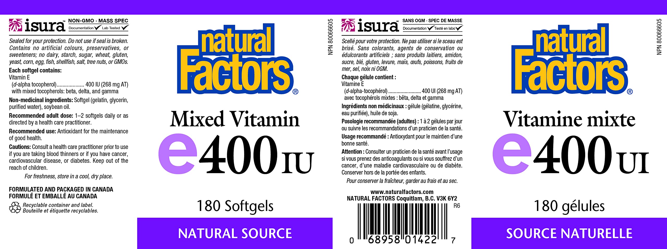 Close-up of Natural Factors Vitamin E 400 IU softgel bottle label