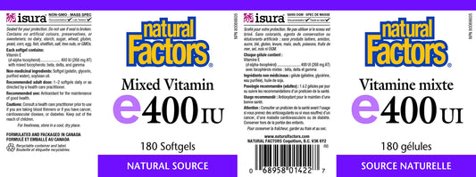 Close-up of Natural Factors Vitamin E 400 IU softgel bottle label