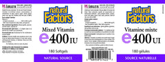 Close-up of Natural Factors Vitamin E 400 IU softgel bottle label