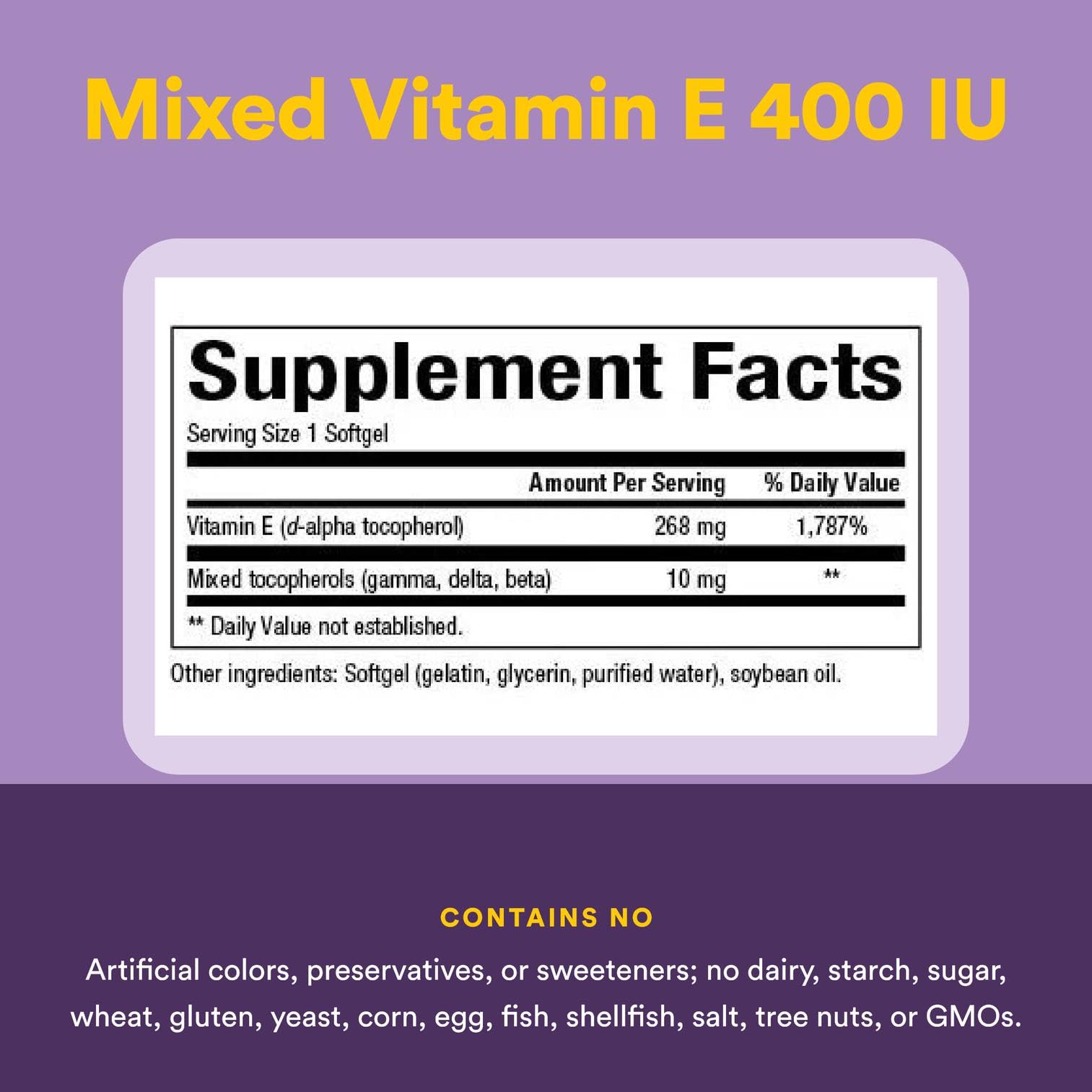 Non-GMO and organic certification symbols for Vitamin E supplement