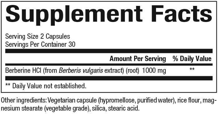 Label close-up showing 500 mg berberine per capsule
