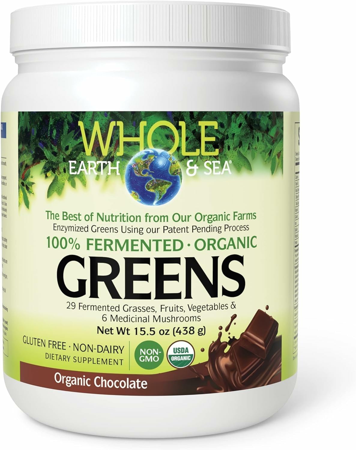 Natural Factors Whole Earth and Sea chocolate tub shows rich greens blend for daily nourishment.