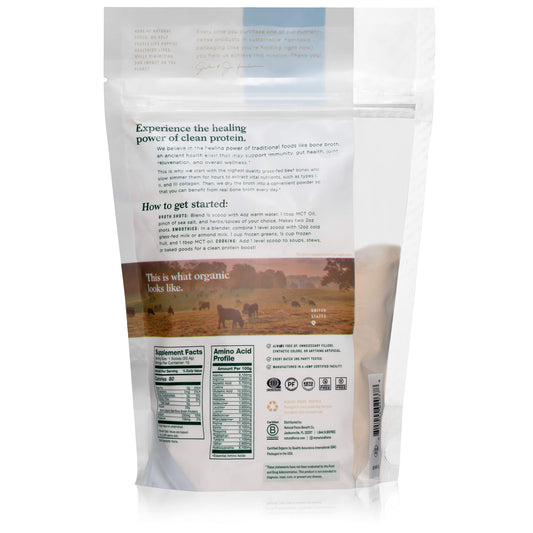 Close-up of unflavored bone broth protein powder with scoop