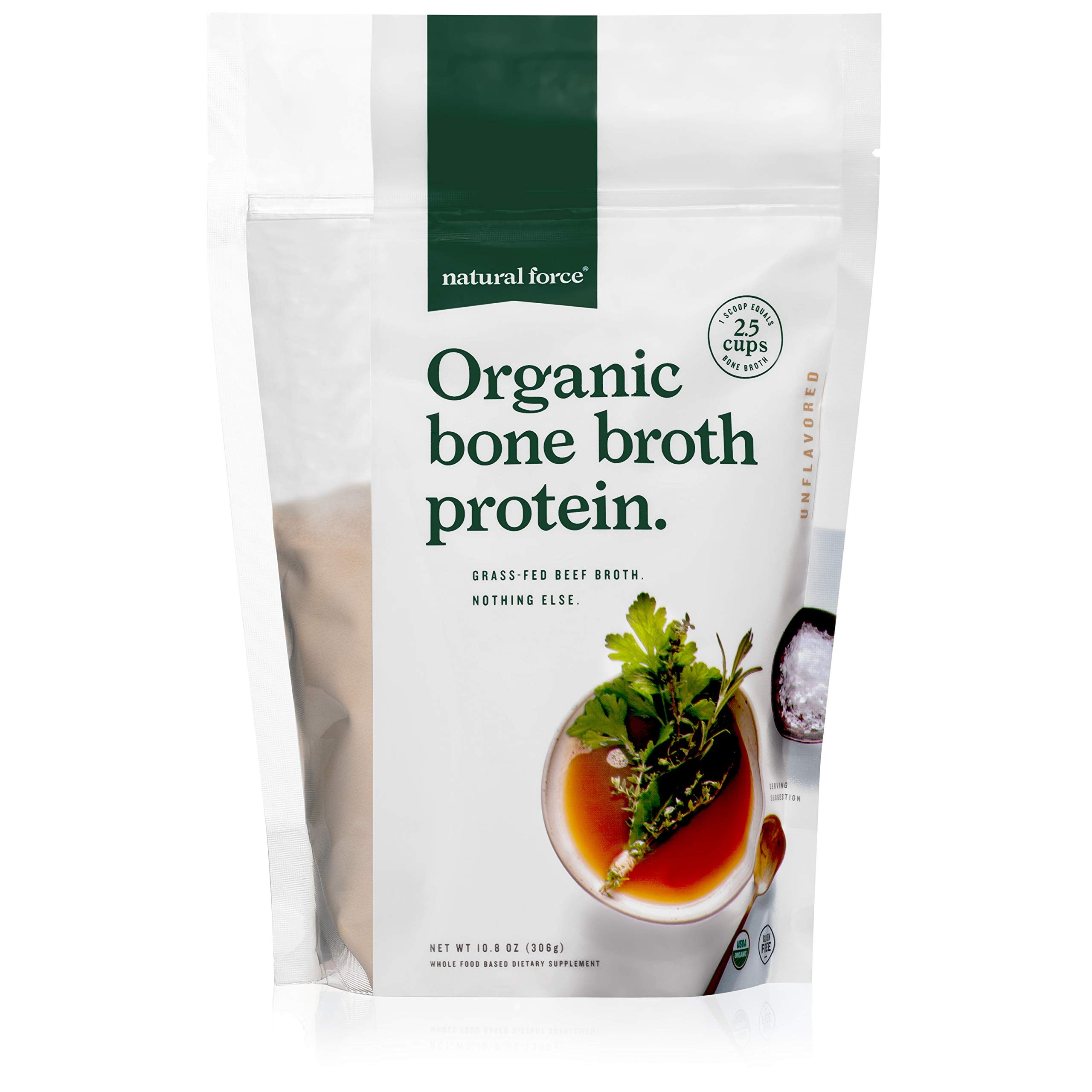 Natural Force bone broth protein powder bottle, a protein-rich base for soups and meals.