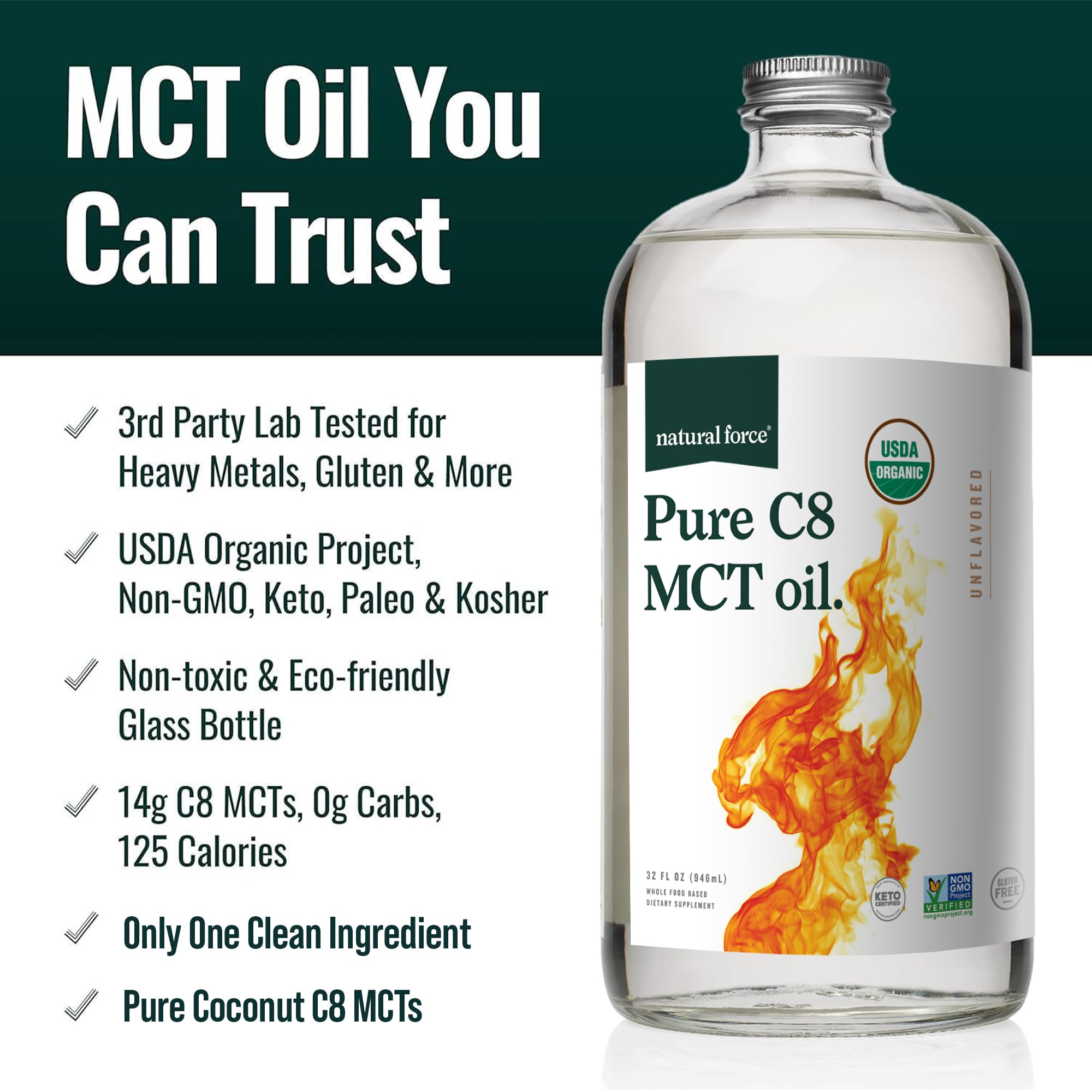 Natural Force Organic Pure C8 MCT Oil bottle close-up showing clarity.