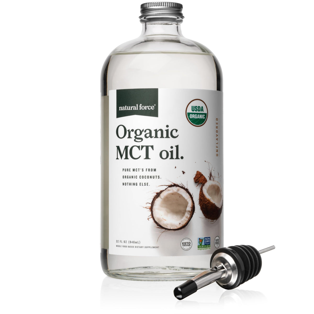 Natural Force Organic MCT Oil 32 oz glass bottle front view