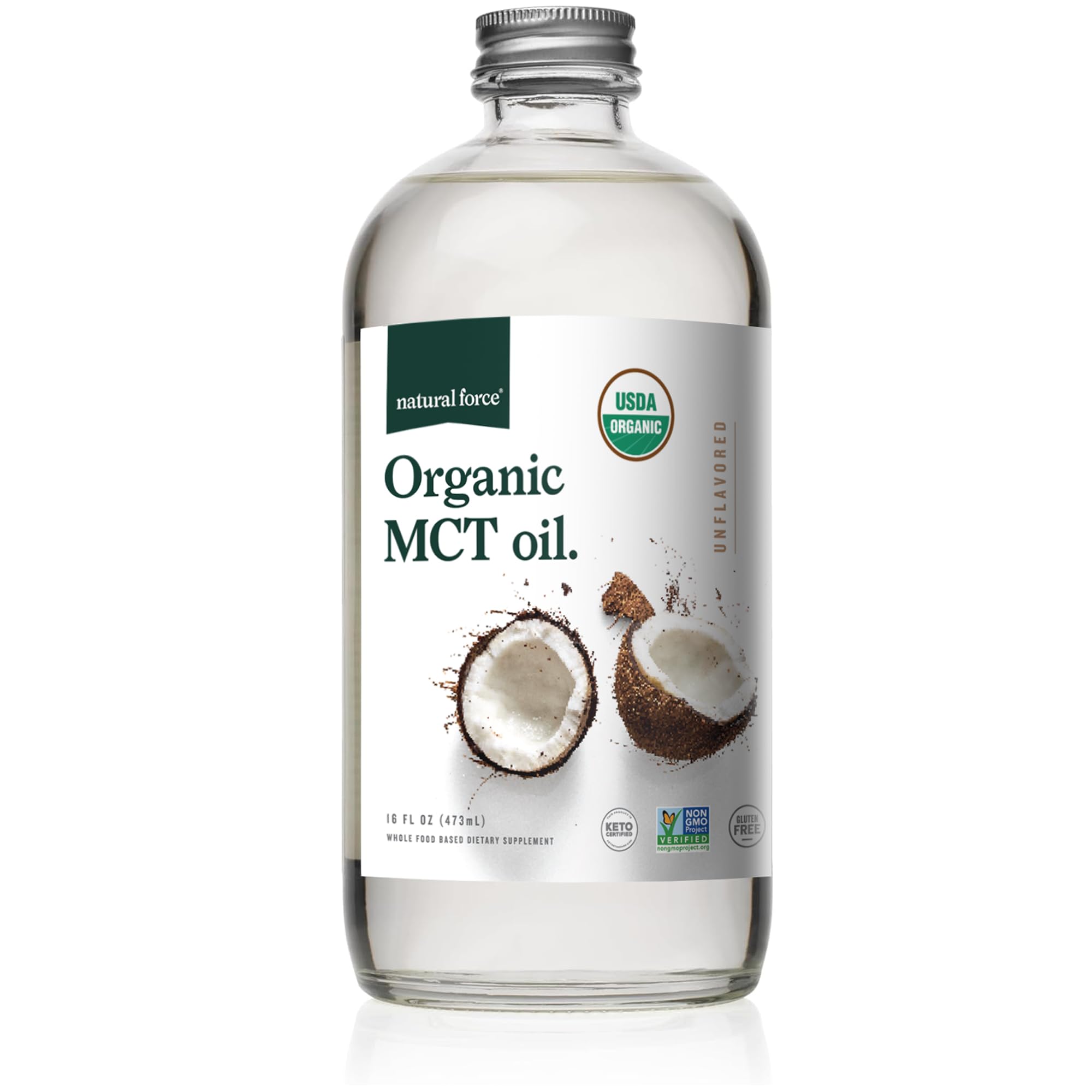 Natural Force Organic MCT Oil bottle on kitchen counter, ideal for keto coffee.