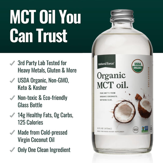 Close-up of the MCT oil label on the glass bottle