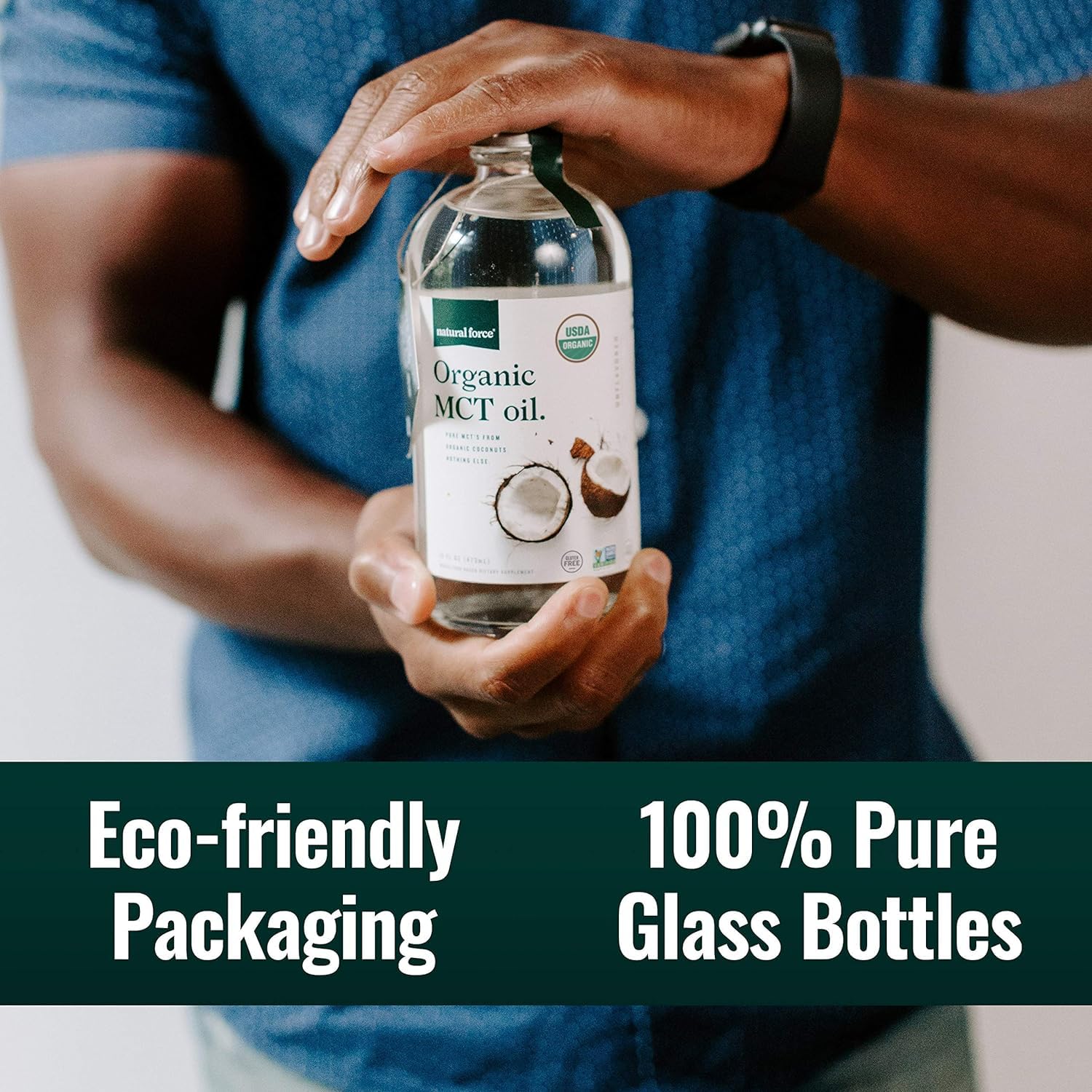 Eco-friendly packaging showing glass bottle and aluminum cap