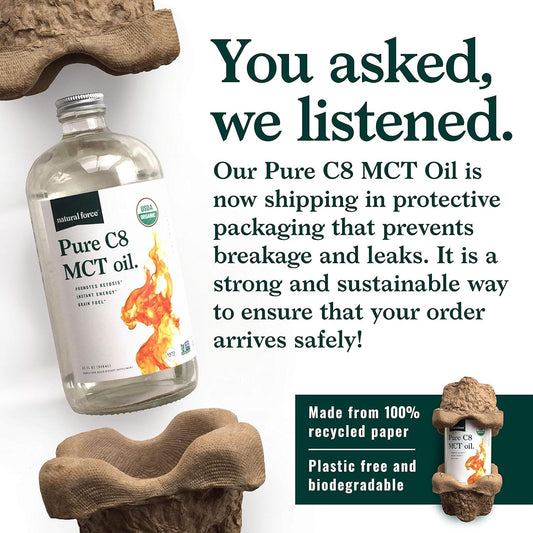 Back label with ingredients and nutrition information on the Natural Force C8 MCT Oil bottle