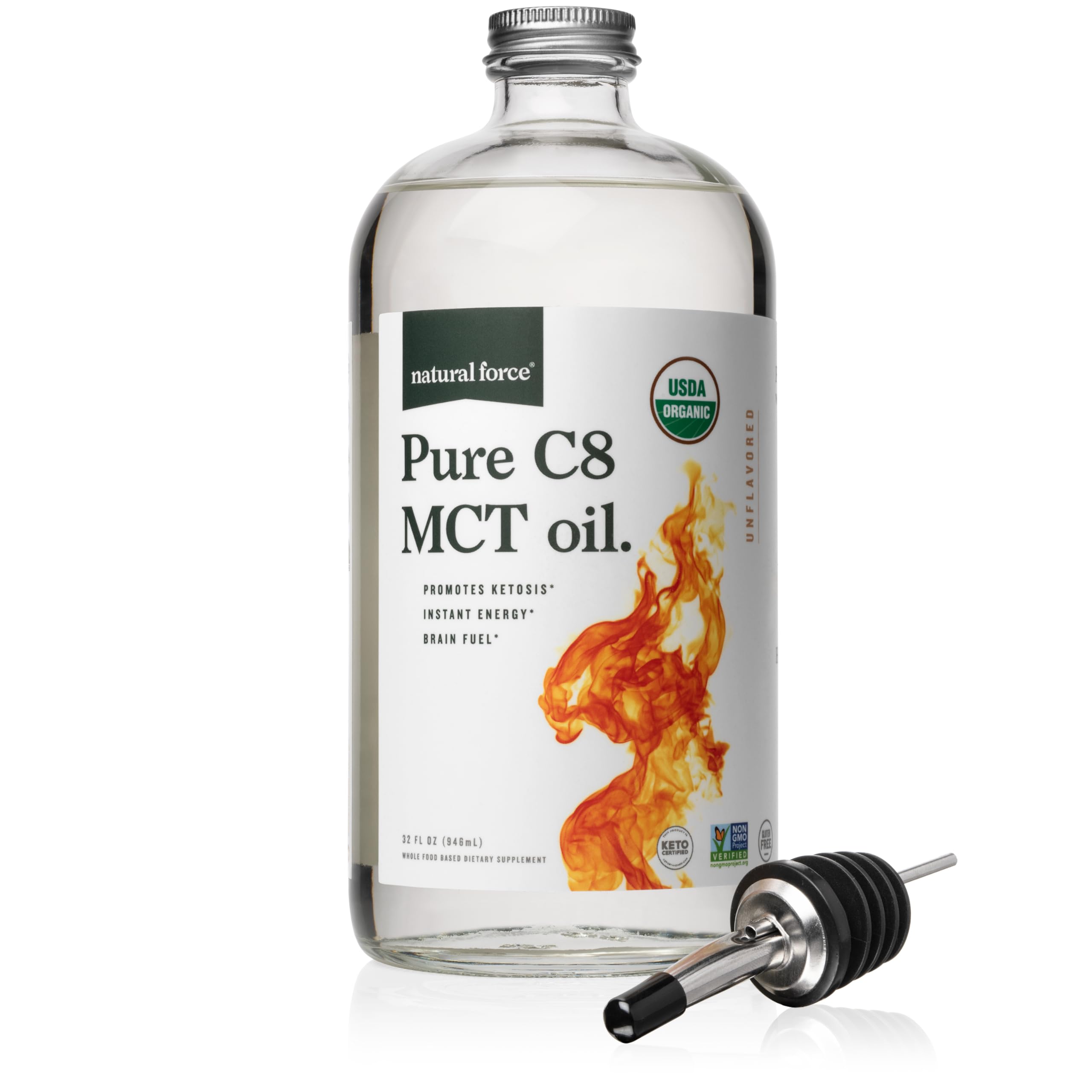 Front view of Natural Force Organic Pure C8 MCT Oil 32oz glass bottle