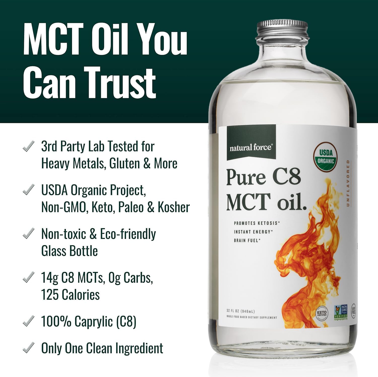 Cap and glass bottle close-up of Natural Force Organic Pure C8 MCT Oil