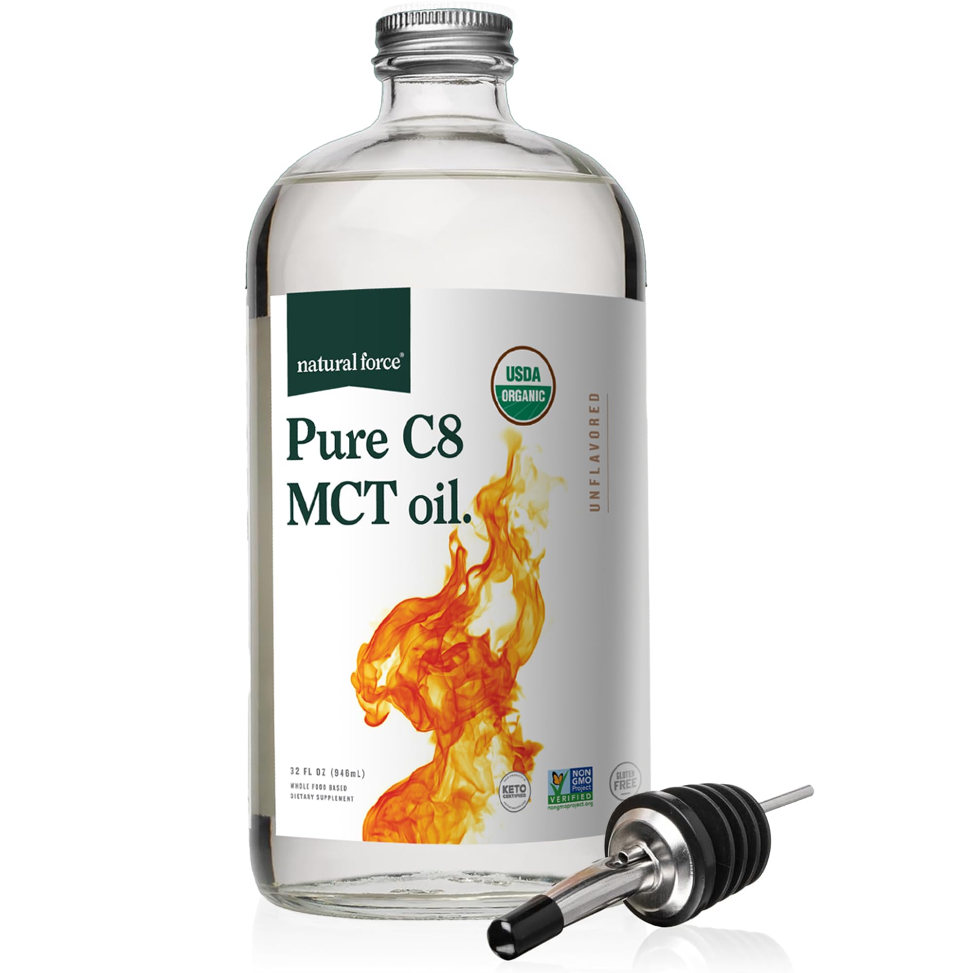 Natural Force Organic Pure C8 MCT Oil in a glass bottle for keto cooking.