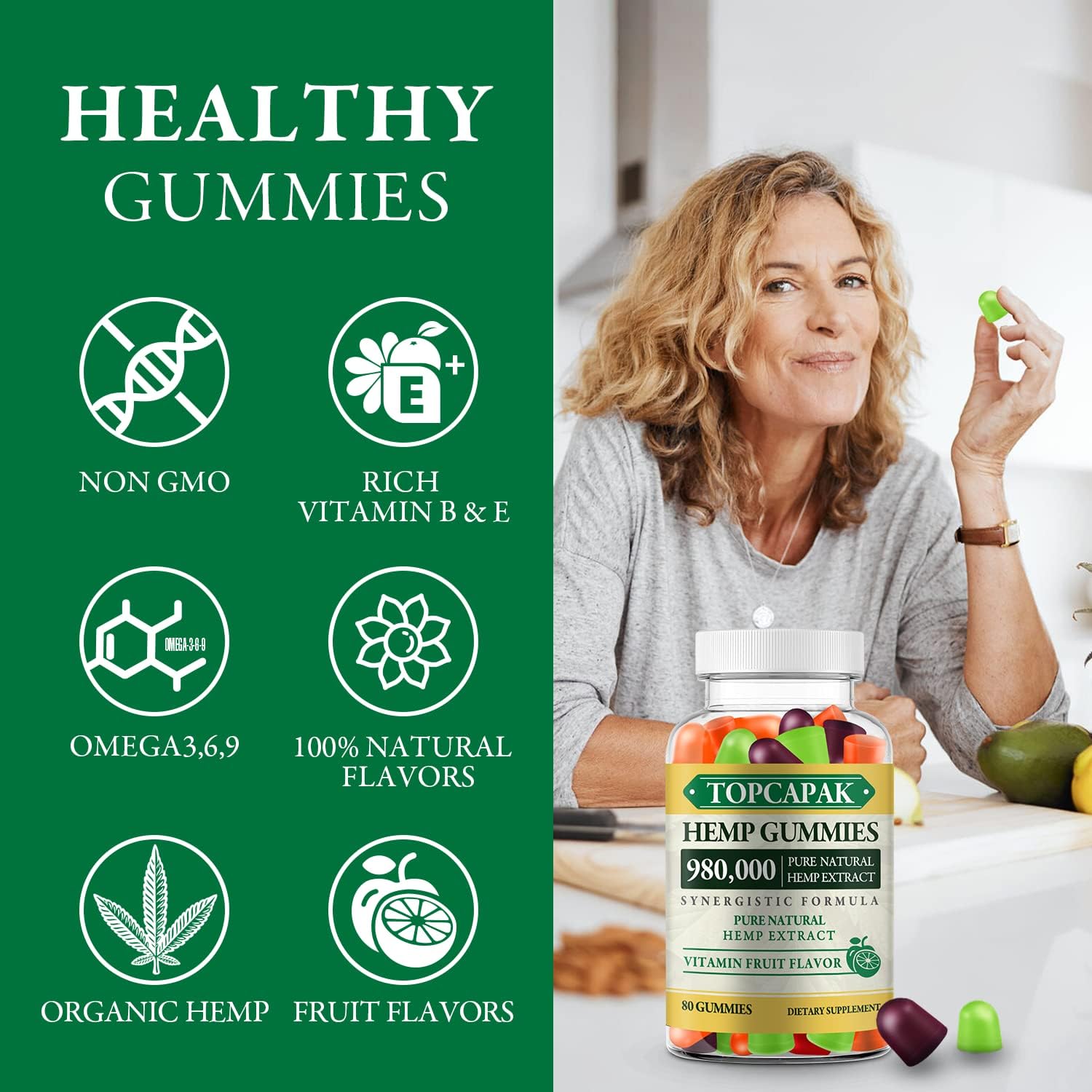Icons representing organic ingredients including vitamins and omega fatty acids