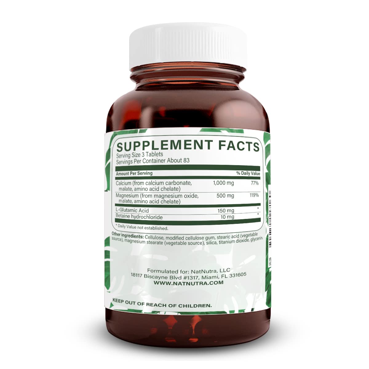 Amber glass bottle of Natural Nutra chelated calcium magnesium