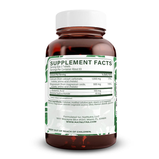 Amber glass bottle of Natural Nutra chelated calcium magnesium